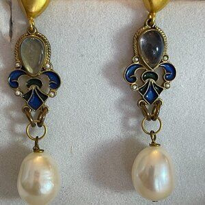Diego Percossi Papi pierced dangle earrings with moonstone, blue enamel, pearls
